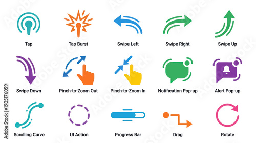 Flat Icons Set for UI Design: Gestures, Actions, Notifications, UI Elements