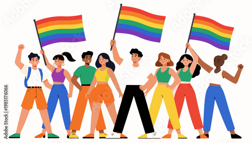  Diverse group of people holding pride flags vector illustration