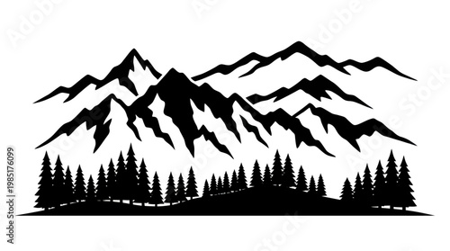 Black and White Mountain Range with Pine Trees Silhouette - Nature Landscape
