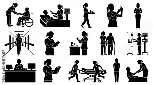 Medical Icons: Nurses and Patients Silhouette Glyph Art