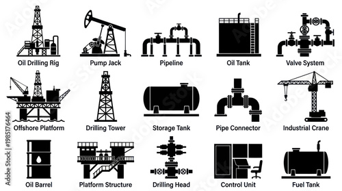 Petroleum Industry Equipment Icons Set. Oil and Gas Production Glyph Vector Silhouettes