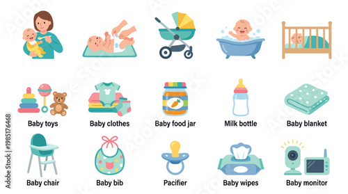 Baby Care Essentials Flat Vector Illustration Collection