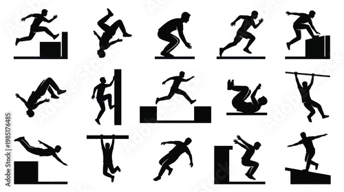 Parkour Athletes Urban Sports Silhouettes - Fitness Action Glyphs Vector Icons Set
