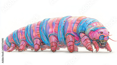 A vibrant, segmented alien creature in pink and blue, featuring intricate mechanical details, multiple legs, and small antennae on a white background