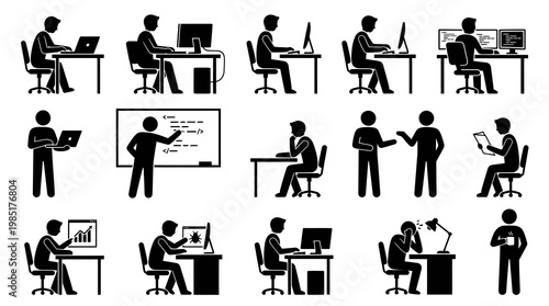 Technology Software Development IT Professional Glyph Icons Set - Computer Programmer Stick Figures