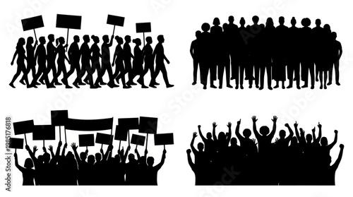 Social Activism Crowd Silhouettes: Protestors  Community Group Vector Set