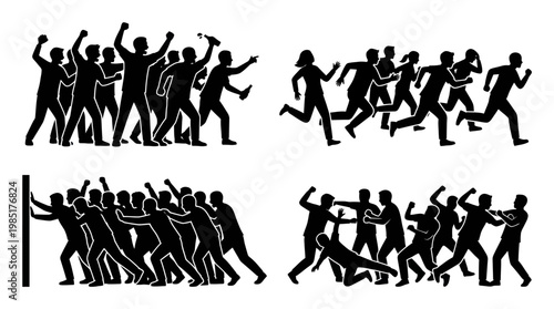 Black and white illustration of protest, running, and fighting crowds