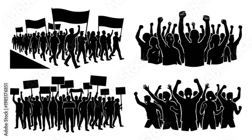 Protest Activism Crowd Silhouettes Vector: Demonstrators, Rally  Revolution Black  White Art