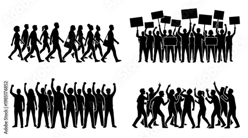Diverse People Crowd Silhouettes: Protesting, Walking, Activism  Argument Social Issue Glyphs