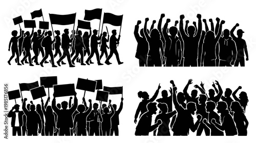 Silhouettes of Protesting Crowd with Flags and Signs, Black and White Vector