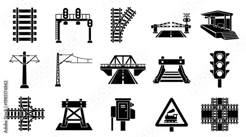 Transportation Railroad Railway Train Infrastructure Black White Glyph Icons Set