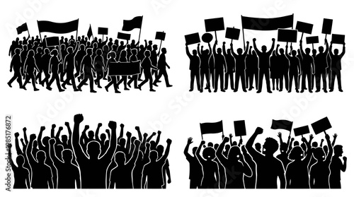 Black Silhouette Crowd Protesting with Flags and Signs, Vector Art