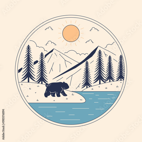 Bear Mountain Lake Badge – Minimalist Monoline Forest Landscape Vector Illustration