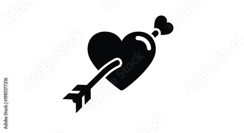 Minimalist vector graphic illustration of a solid black heart pierced by a cupid arrow representing romance and love for creative design projects and digital assets