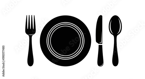 Black Silhouette of Dining Utensils and Plate on White Background