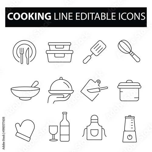 Cooking Line Editable Icons Set.Cooking Outline Editable Icons Pack.Culinary Line Icons Editable Stroke.Kitchen Equipment Line Editable Icons..eps