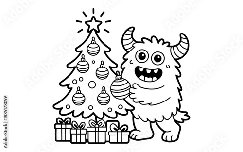 Festive yeti standing with a decorated christmas tree and wrapped gifts nearby Vector