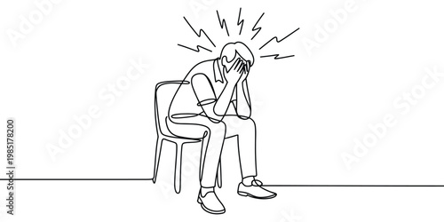 Headache and stress illustration, single line art style, man sitting with pain symbols around head, representing migraine, anxiety, and emotional strain, minimalist vector design