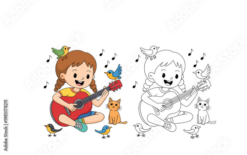 A cheerful cartoon girl reading a book with a cat beside her Vector