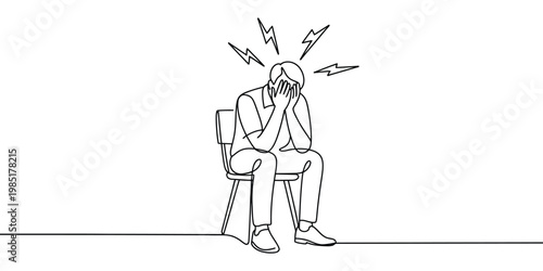 Headache and stress illustration, single line art style, man sitting with pain symbols around head, representing migraine, anxiety, and emotional strain, minimalist vector design