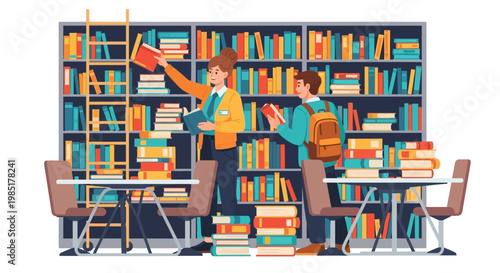 Two men selecting books from a library shelf.