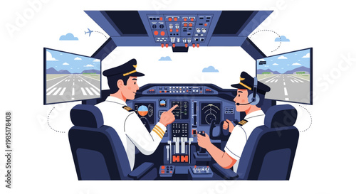 Two pilots in airplane cockpit operating controls.