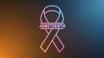 Vibrant neon Juneteenth celebration ribbon glowing against a modern dual-tone background