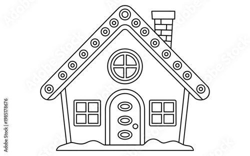 A whimsical house with a clock face as the roof and a small garden in front Vector