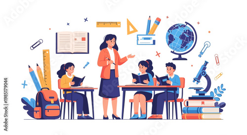 Teacher instructing students in a classroom setting with educational materials.