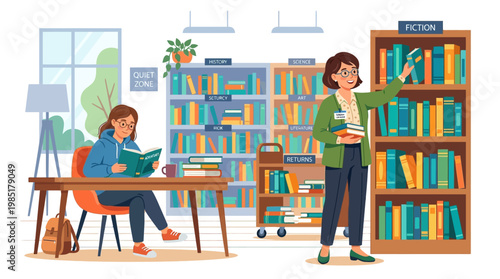 Two women reading books in a library setting.