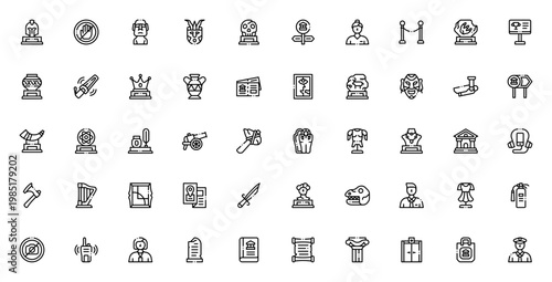 Museum_2026 icon set. Vector illustration pack featuring Greek, Moai, skull, fossil, dinosaur, statue, painting, security and more. Editable linear icons.