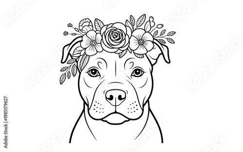 A playful pitbull puppy adorned with a floral crown on its head Vector