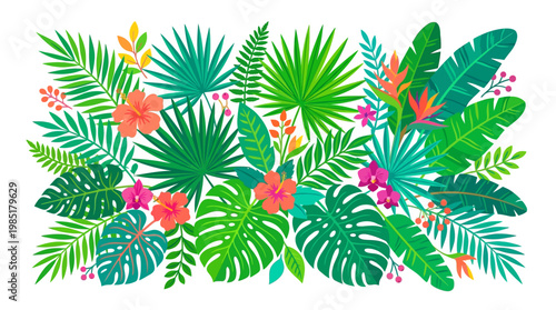 Vibrant Tropical Foliage and Exotic Flowers Arrangement.