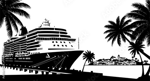 Caribbean Port and Cruise Ship Vector Art, Black and White Tropical Destination