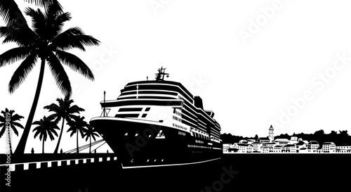 Caribbean Port and Cruise Ship Vector Art, Black and White Tropical Destination