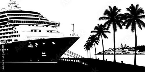 Caribbean Port and Cruise Ship Vector Art, Black and White Tropical Destination