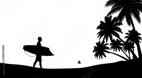 Surfer on Tropical Beach Silhouette Vector, Black and White Surfing Vacation Art