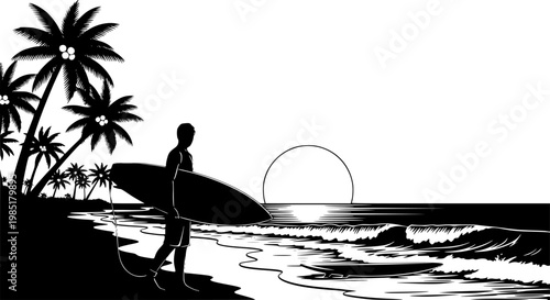 Surfer on Tropical Beach Silhouette Vector, Black and White Surfing Vacation Art