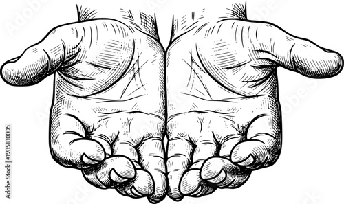 Realistic sketch of two open hands with detailed linework, concept of giving. Vector illustration