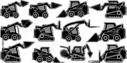 Set of Skid steer loaders Outline vector illustration isolated On Transparent Background