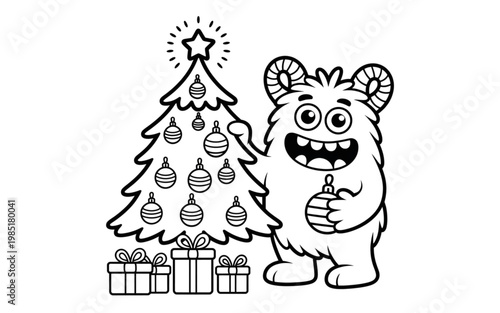 A cartoon bear standing next to a decorated christmas tree with gifts underneath Vector