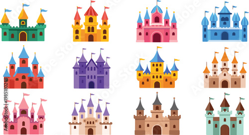 Colorful Magic Fairy Tale Castle Vector Illustration Set With Royal Towers And Flags For Kids Game And Storybook Background Design