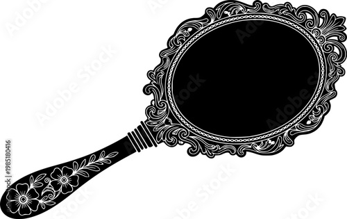 Ornate handheld mirror silhouette with floral handle and decorative frame isolated on white background