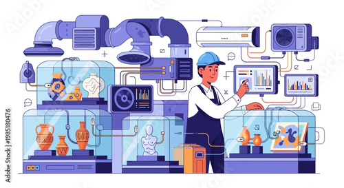 Technician working with advanced manufacturing equipment and displays.