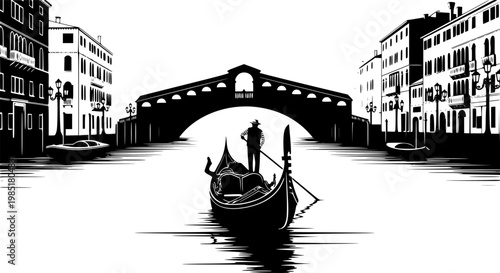 Venice Gondola on Canal Vector Illustration, Black and White Italy Travel Art