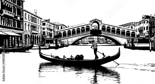 Venice Gondola on Canal Vector Illustration, Black and White Italy Travel Art