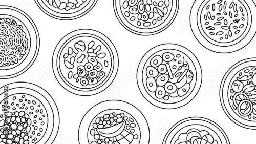 Bowls of various food and grains overhead view vector pattern in simple black line art