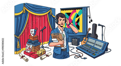 Theater technician managing stage production equipment and props.