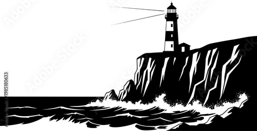 Lighthouse on Rocky Cliff Vector Illustration, Black and White Coastal Travel