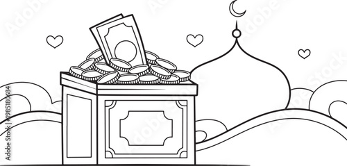 Charity donation box filled with coins and cash near a mosque dome line art illustration